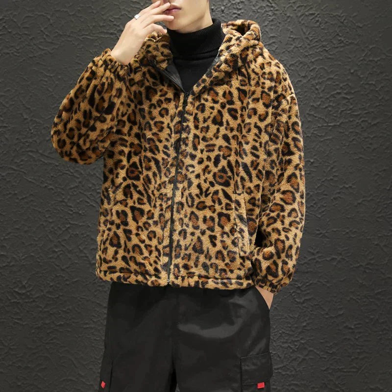 R&B Herren-Fleecejacke mit Kapuze und Leopardenmuster