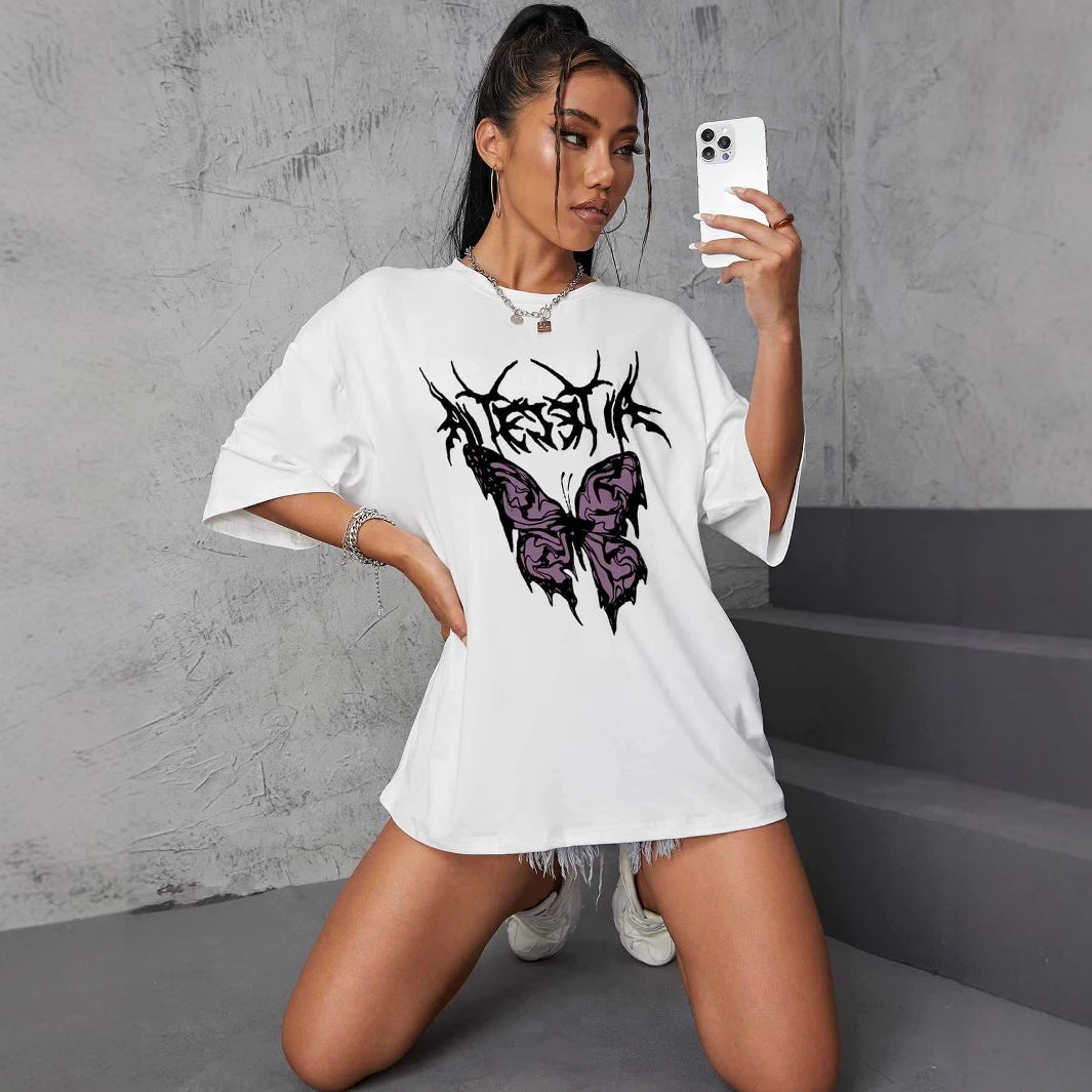 Damen oversized T-Shirt mit kreativem Schmetterlingsdesign R&B