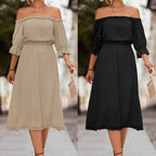 Damen Off-Shoulder Maxikleid mit elastischem Tailleneinsatz und Rüschendetails R&B