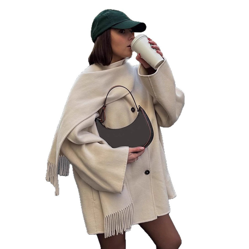 Damen oversized Wollmantel mit Fransendetails R&B