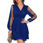 Damen elegantes Cocktailkleid mit funkelndem Paillettenoberteil und transparenten Ärmeln