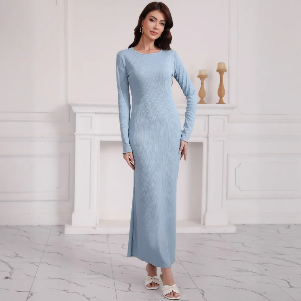 Damen Langarm Maxikleid aus hochwertigem Rippstrickstoff mit elegantem Schlitz R&B