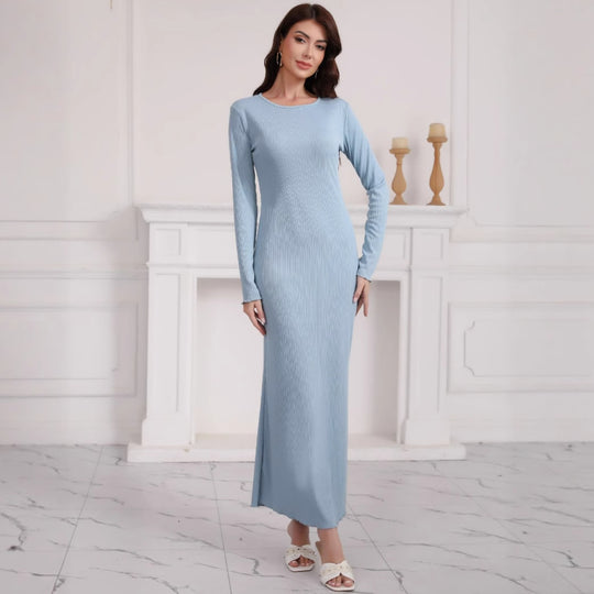 Damen Langarm Maxikleid aus hochwertigem Rippstrickstoff mit elegantem Schlitz R&B