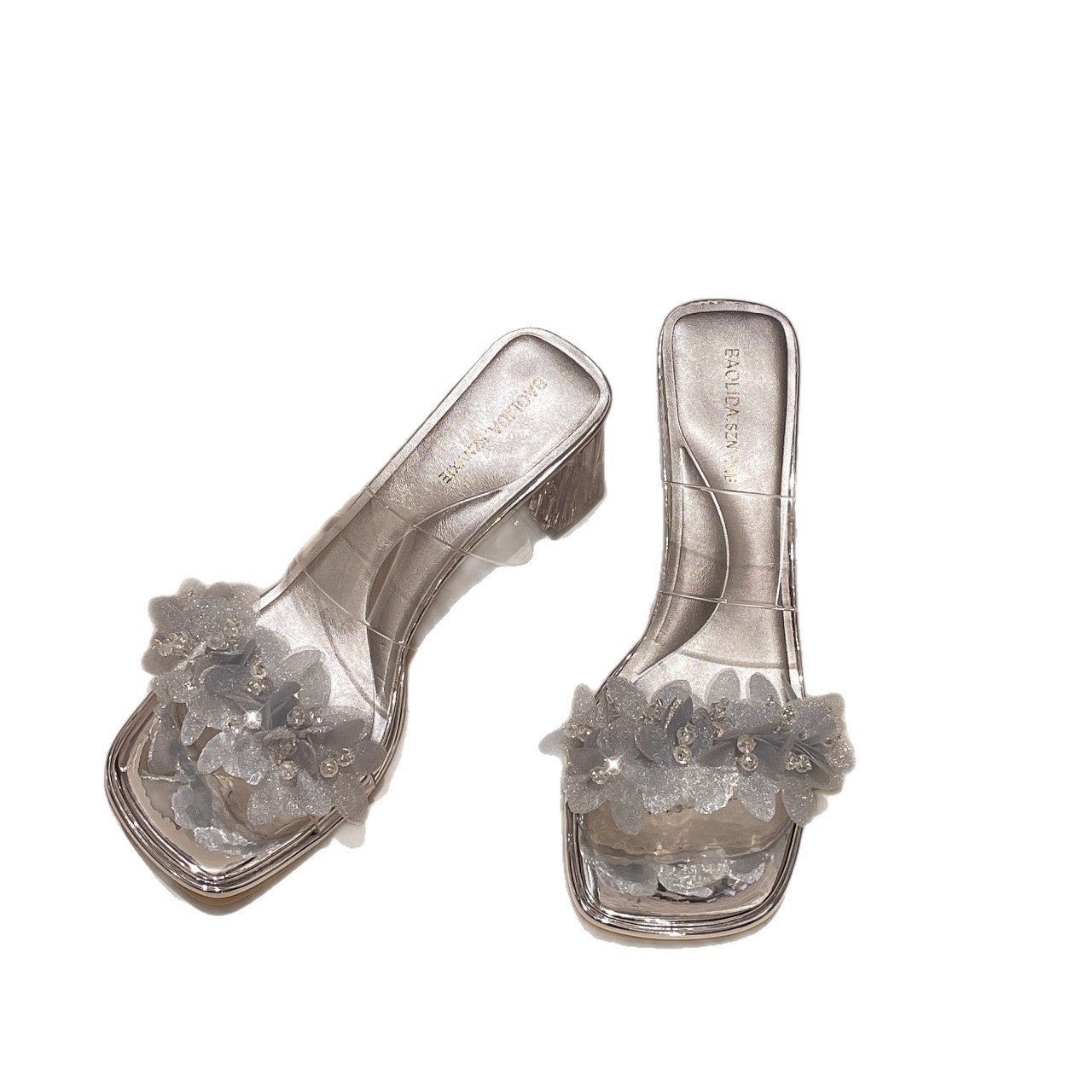 Damen elegante Blockabsatzschuhe mit transparenten Riemen und funkelnden Applikationen EB