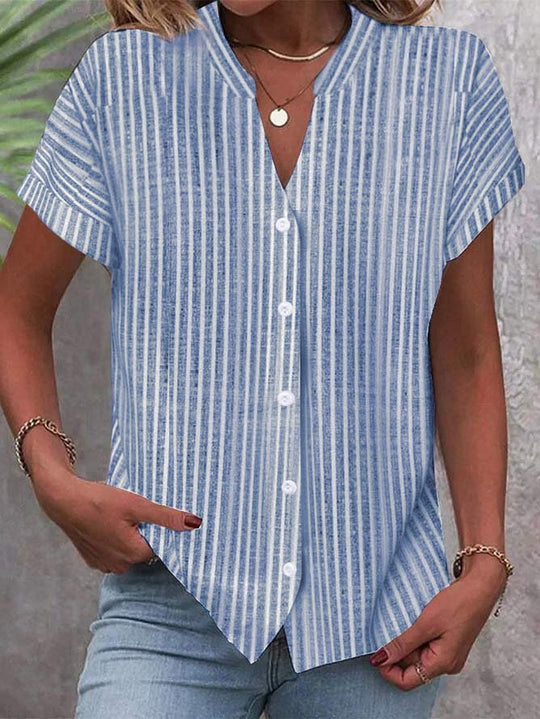 Damen Kurzarm-Bluse mit V-Ausschnitt und Streifenmuster R&B