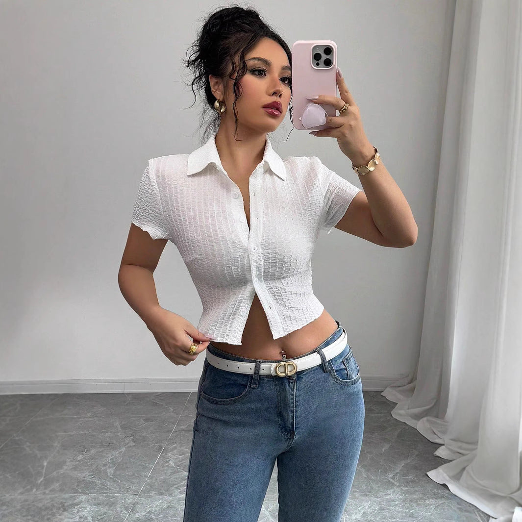 Damen Cropped Hemdbluse mit strukturiertem Material R&B