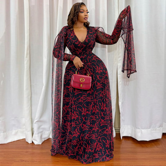Damen Maxikleid mit floralem Transparentdesign und eleganten Ärmeln R&B