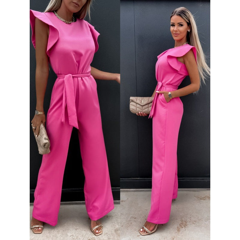 Frauen Fließender Weitbeiniger Jumpsuit mit Rüsche Ärmel R&B