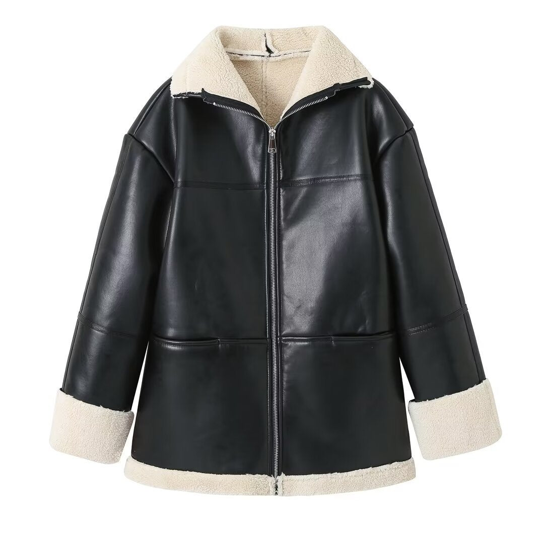 Damen Kunstlederjacke mit Teddyfutter R&B