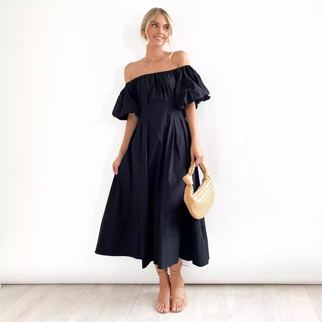 Damen Maxikleid mit schulterfreier Silhouette und voluminösen Ärmeln R&B