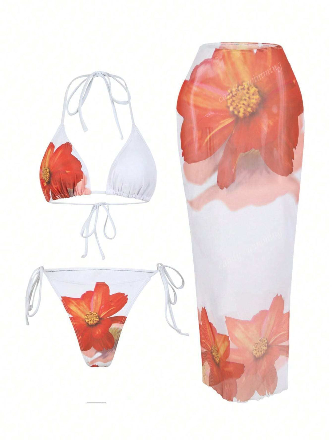 Damen Triangel-Bikini-Set mit floralen Mustern und transparentem Maxirock R&B