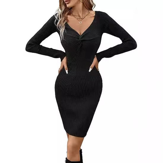 Damen elegantes Midikleid mit V-Ausschnitt und strukturiertem Rippdesign R&B