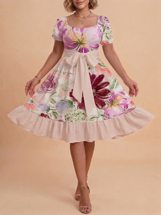 Damen Blumenkleid mit taillierbarem Gürtel und voluminösen Ärmeln R&B