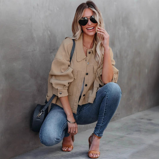 Damen modische Waffelstruktur-Jacke mit praktischen Taschen und leichtem Schnitt R&B