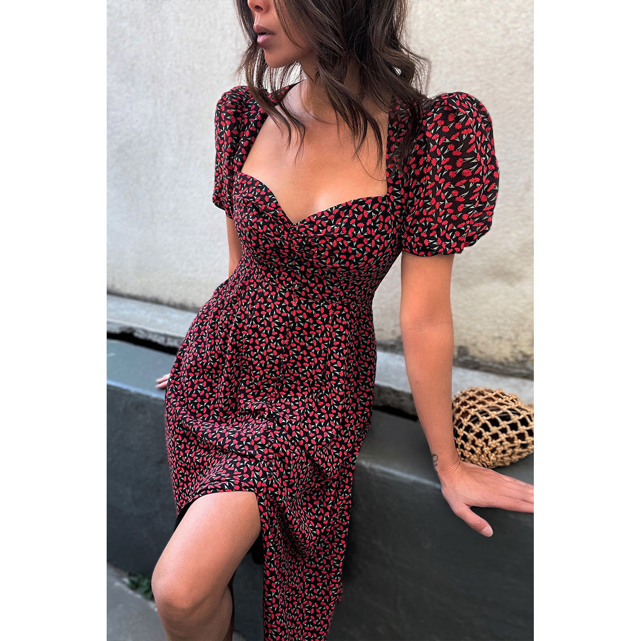 Damen Midi-Kleid mit ballonartigen Ärmeln und aufregendem Muster R&B