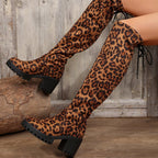 Damen Überknee-Stiefel mit modischem Leopardenmuster und robustem Blockabsatz R&B