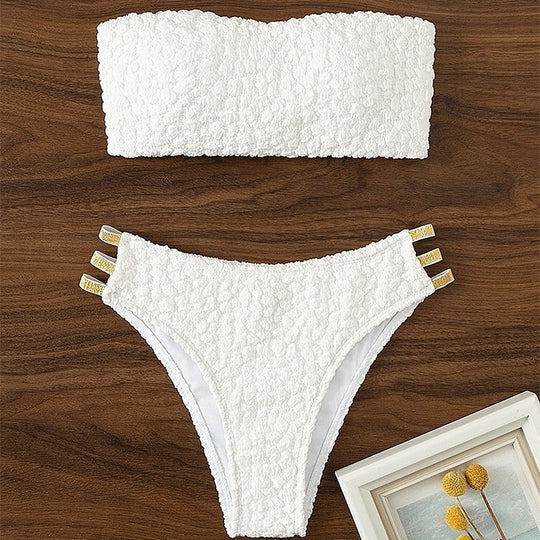 Damen Bandeau-Bikini mit strukturiertem Oberteil und dekorativen Details R&B