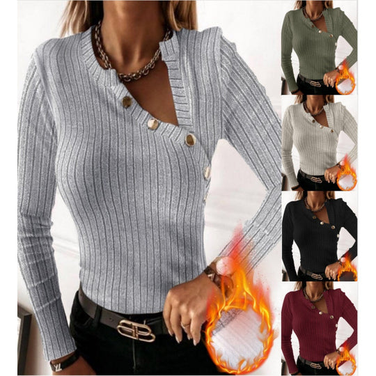 Damen Langarmshirt mit modischem Knopfdetail und Rippstruktur R&B