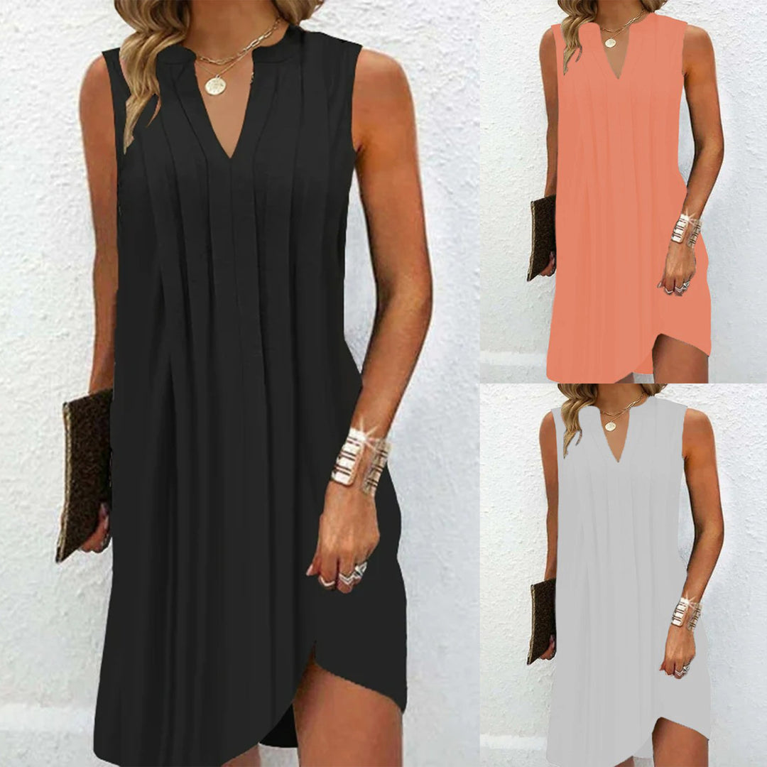 Damen elegantes, ärmelloses Kleid mit V-Ausschnitt und asymmetrischem Saum R&B