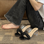 Damen elegante Mules mit geschwungenem Riemchen und durchsichtigen Blockabsatz R&B