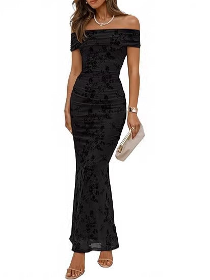 Damen elegantes Off-Shoulder Maxikleid mit floralem Muster und elastischem Einsatz R&B