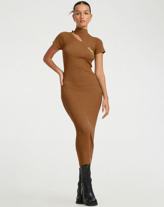 Damen figurbetontes Strickkleid mit asymmetrischem Ausschnitt und hohem Kragen R&B
