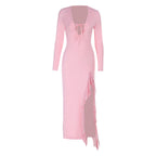 Damen Langarm Maxi Kleid mit tiefem V-Ausschnitt und verspieltem Schlitz EB