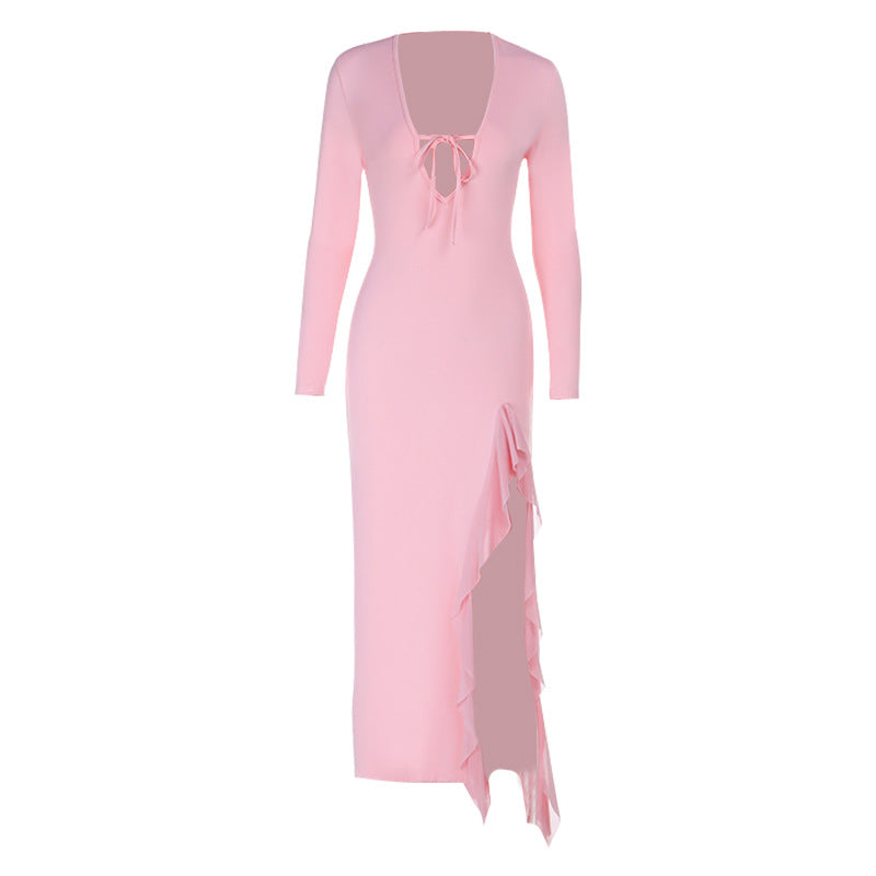 Damen Langarm Maxi Kleid mit tiefem V-Ausschnitt und verspieltem Schlitz EB