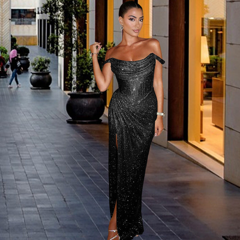 Damen Elegantes Abendkleid mit schimmerndem Schmuckdetail und drapiertem Rock R&B