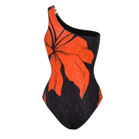 Damen Badeanzug mit asymmetrischem Schnitt und floralen Akzenten R&B