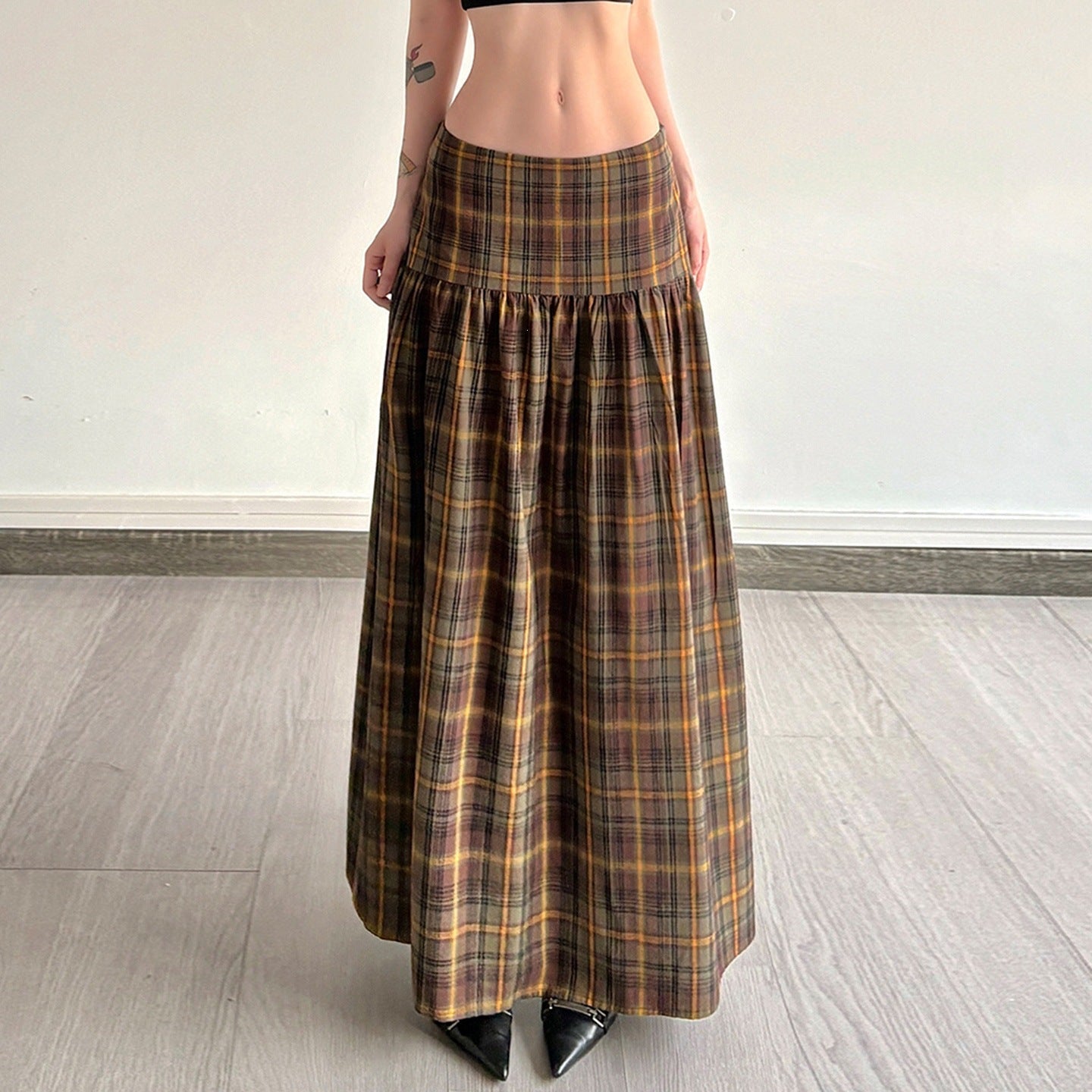 Damen Karierter Midirock mit hohem Taillenbund und voluminösem Schnitt R&B