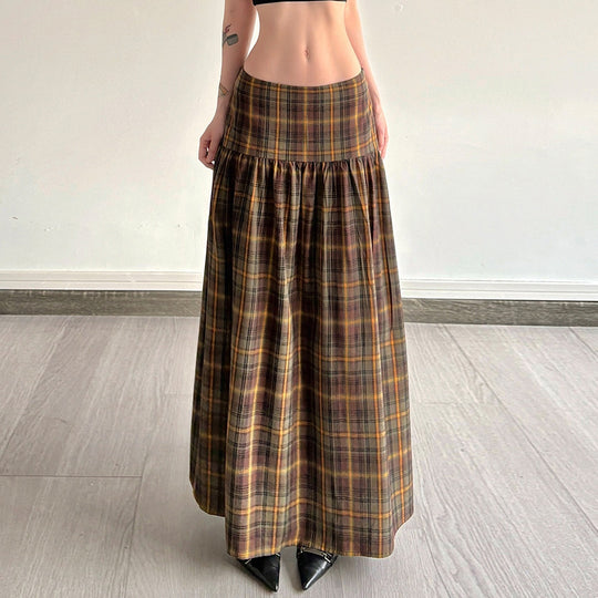 Damen Karierter Midirock mit hohem Taillenbund und voluminösem Schnitt R&B