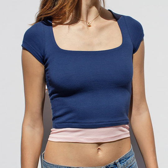 Damen cropped Oberteil mit elegantem quadratischen Ausschnitt und kontrastierendem Saum R&B