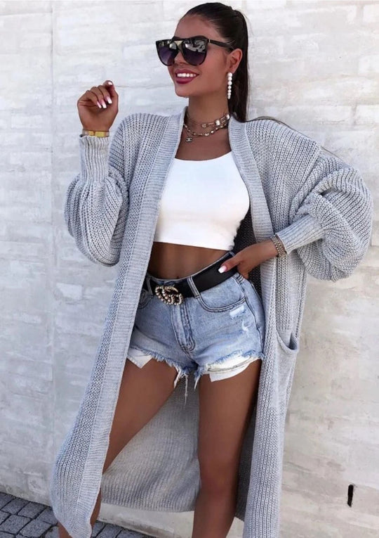 Damen Langer Strickcardigan mit weiten Ärmeln und praktischen Taschen R&B