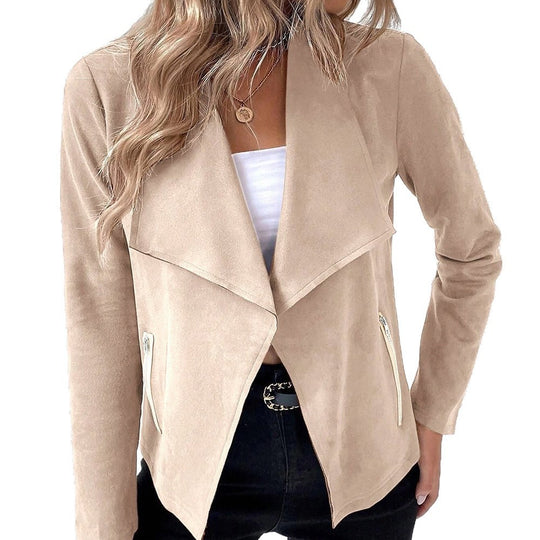 Damen elegante Veloursjacke mit asymmetrischem Revers und Reißverschlusstaschen R&B