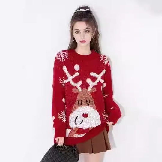 Damen festlicher Strickpullover mit Rentier-Motiv und Schneeflocken R&B