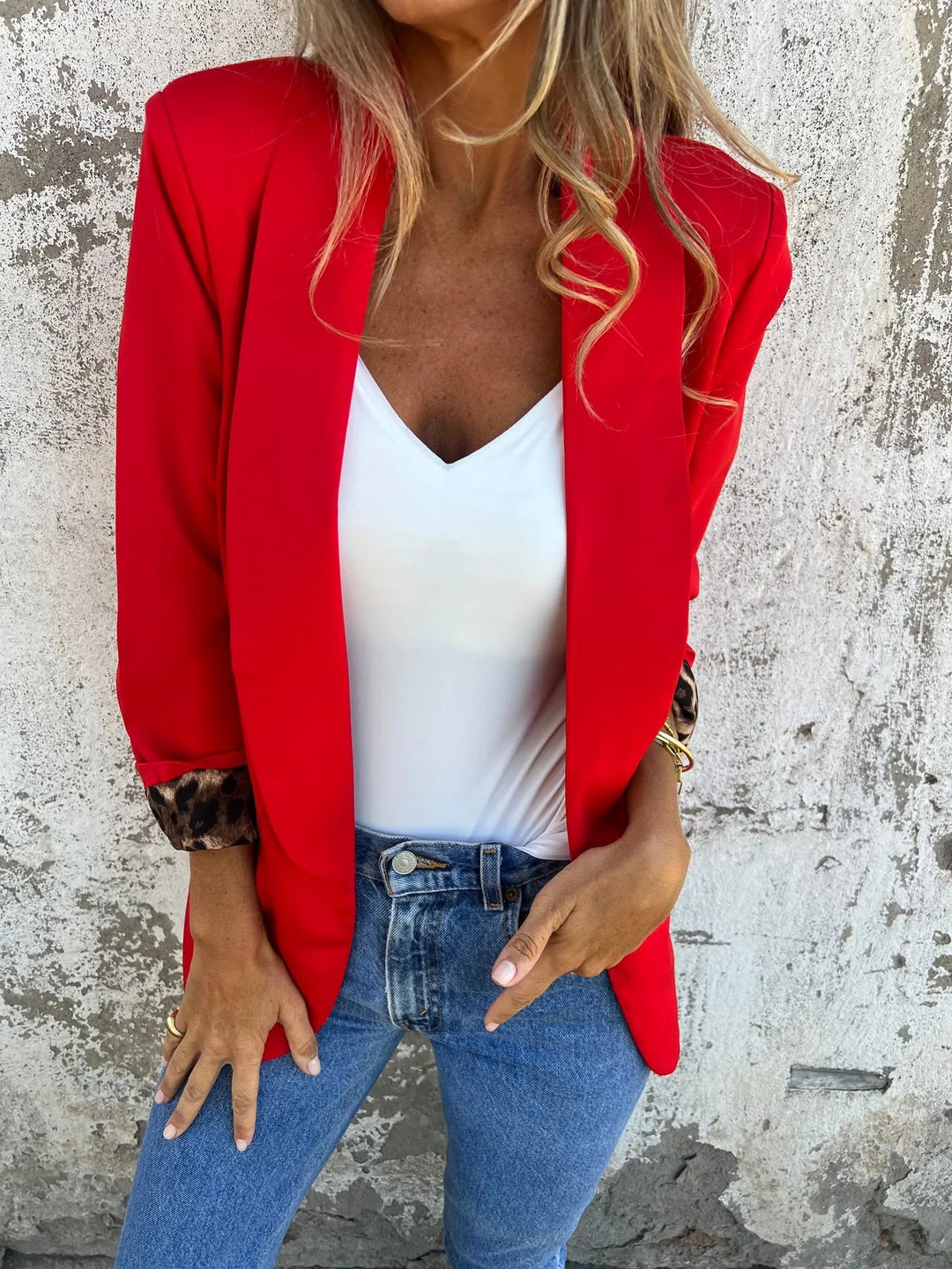 Damen Eleganter Blazer mit animalischem Muster an den Ärmeln R&B
