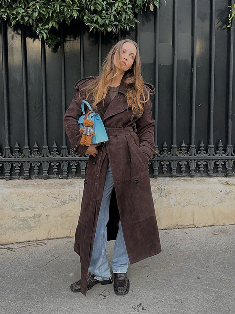 Damen Edler Suede-Trenchcoat mit breitem Kragen und praktischen Taschen R&B