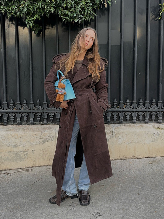 Damen Edler Suede-Trenchcoat mit breitem Kragen und praktischen Taschen R&B