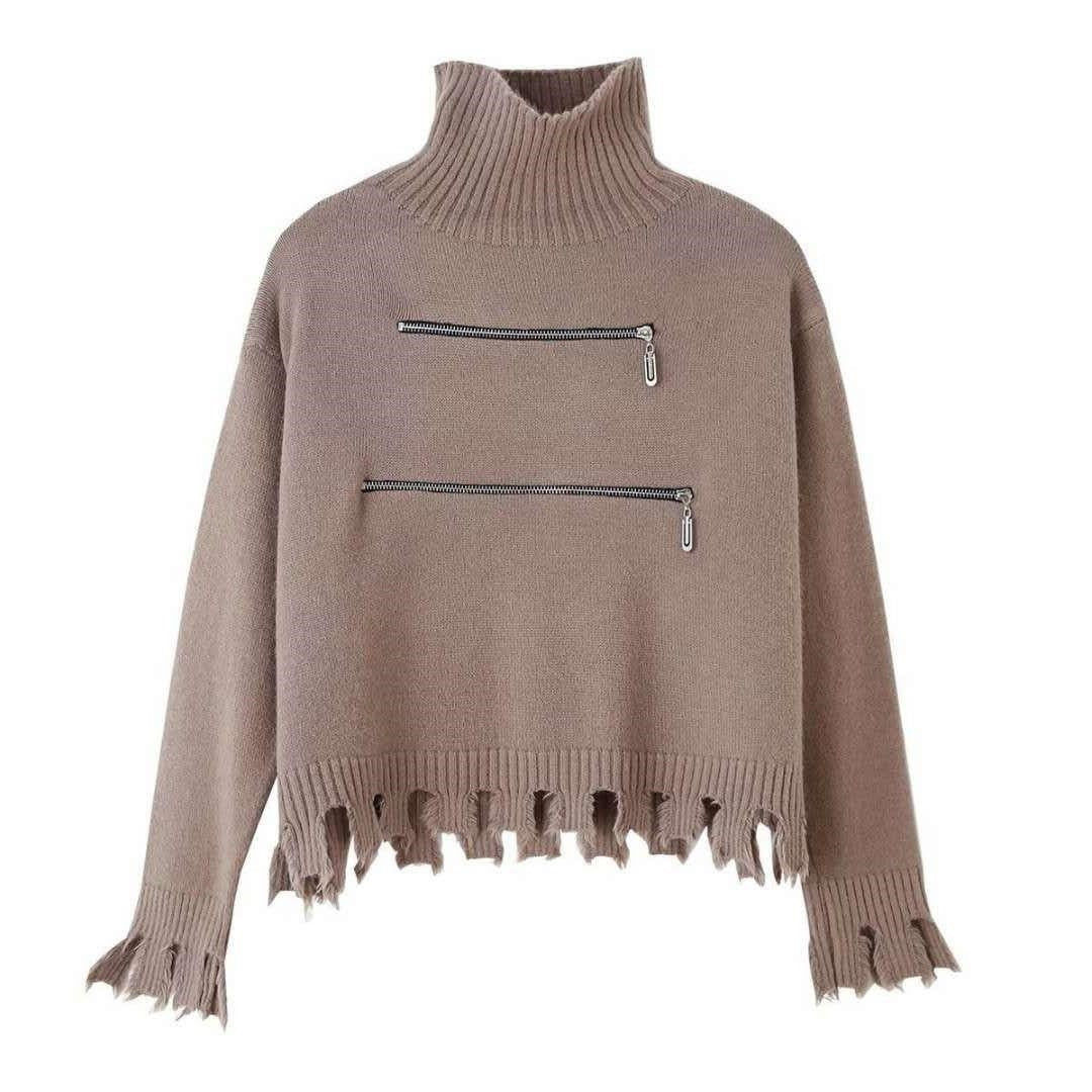 Damen Modischer Strickpullover mit Stehkragen und Reißverschlussdetails R&B