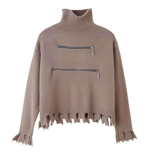 Damen Modischer Strickpullover mit Stehkragen und Reißverschlussdetails R&B