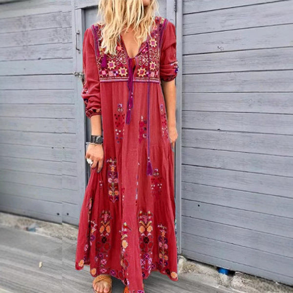 Damen nan besticktes Maxikleid mit langen Ärmeln, Quastenverschluss und folkloristischer Stickerei R&B