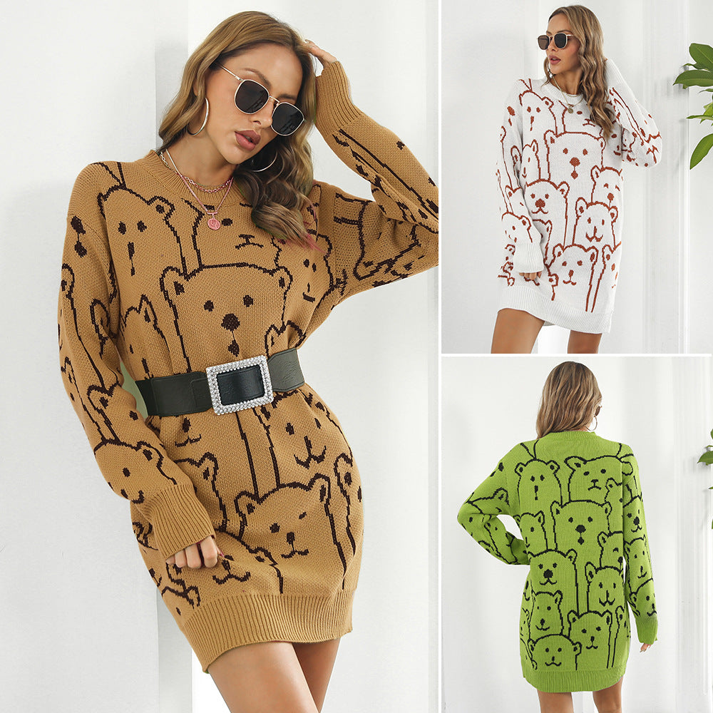 Damen Strickkleid mit Bärenmotiv und Schnitt