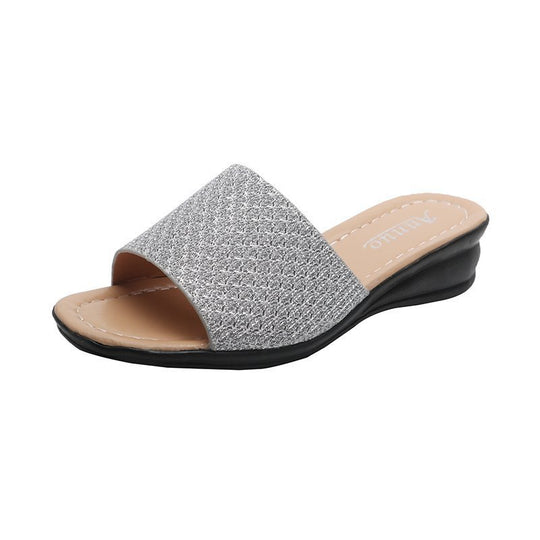 Damen nan Glitzerslipper mit breiter Riemenfront, offenem Zehenbereich, gepolstertem Komfortfußbett und leichtem Keilabsatz R&B