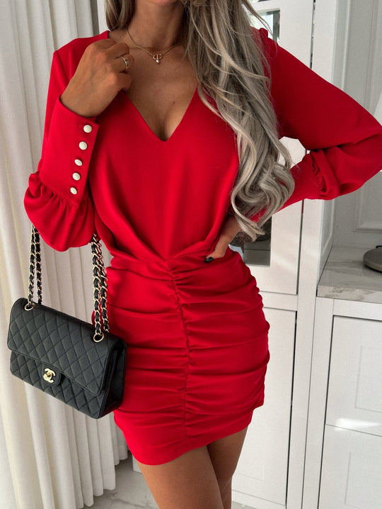 Damen Elegantes V-Ausschnitt Raffung Mini Kleid R&B