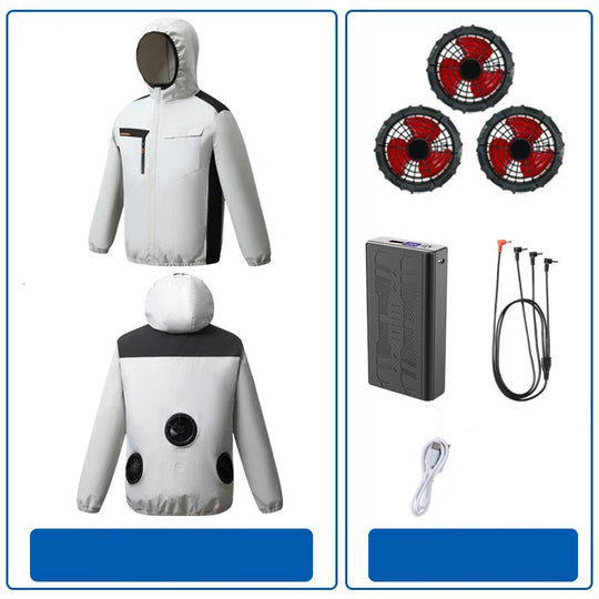 Herren nan belüftete Kühljacke mit mehreren integrierten USB-Lüftern, verstellbarer Kapuze und winddichtem Material R&B