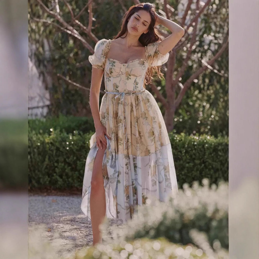 Damen Midi-Kleid mit verspielt floralen Details und Puffärmeln R&B