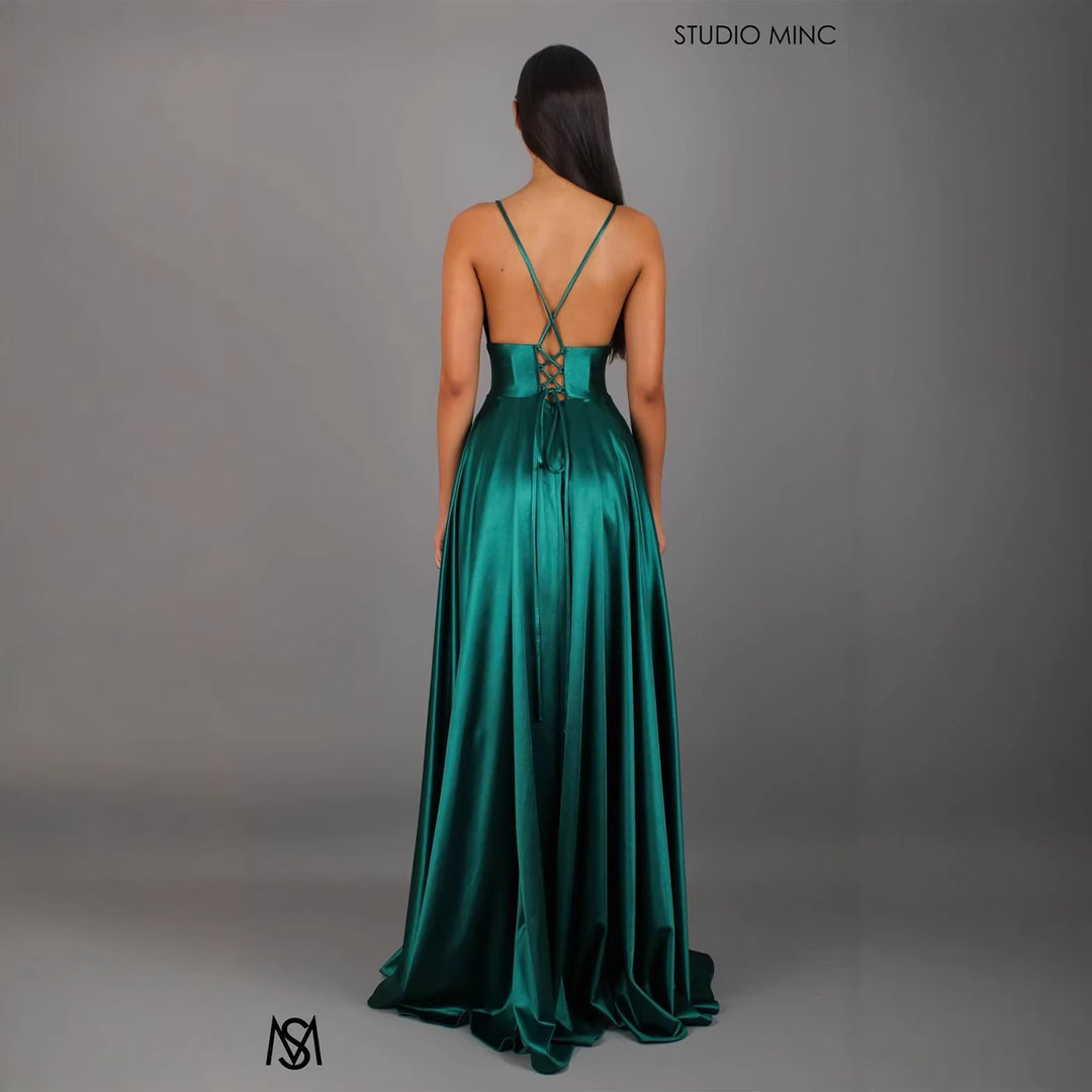 Damen Elegantes Maxikleid mit tiefem V-Ausschnitt und modischem Schlitz R&B