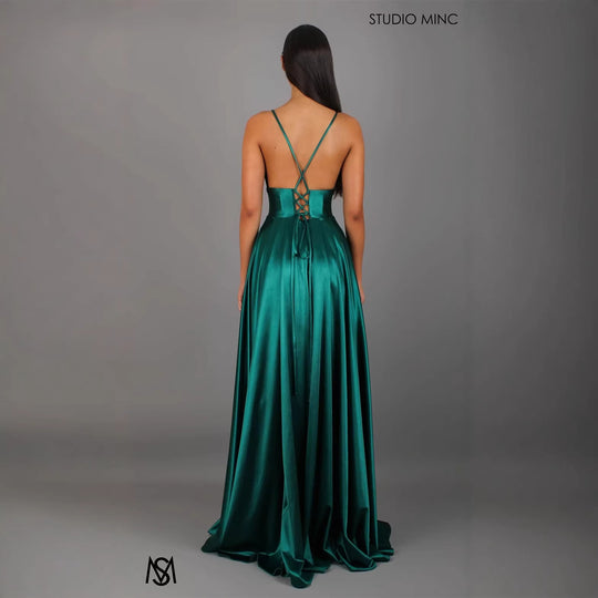 Damen Elegantes Maxikleid mit tiefem V-Ausschnitt und modischem Schlitz R&B