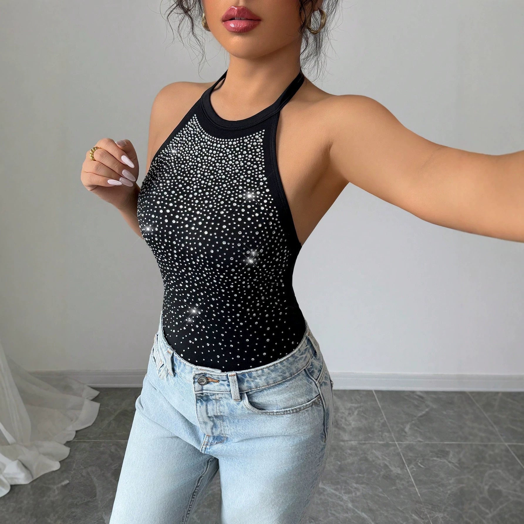 Damen nan Neckholder-Body mit Hochkragen und funkelndem Strassverlauf R&B
